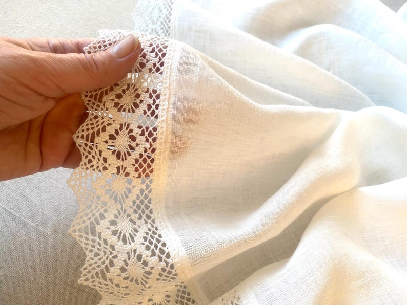 Linen Bridal Shawl: Ivory White Scarf with Crochet Lace, Large Wedding Wrap, Prayer Veil image 3