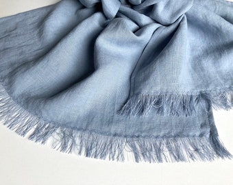 Blue gray overized men's scarf, frayed linen viscose woman's shawl, soft solid unisex scarf in minimalist style, gender neutral accessory