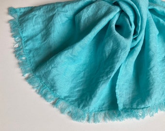 Mint color linen scarf, blue green unisex shawl, beach color accessory for him or her, thin lightweight flax scarf, gift for friend