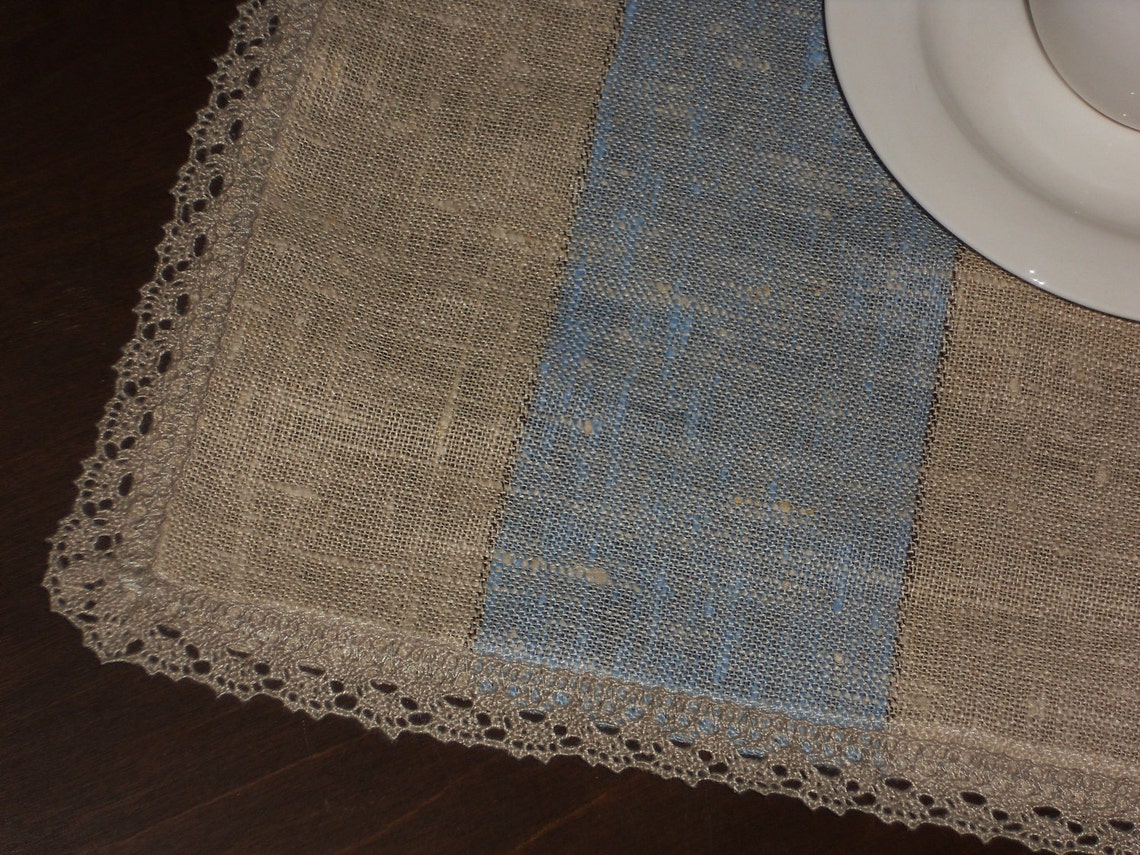 Linen tablecloth blue and grey striped with lace Etsy