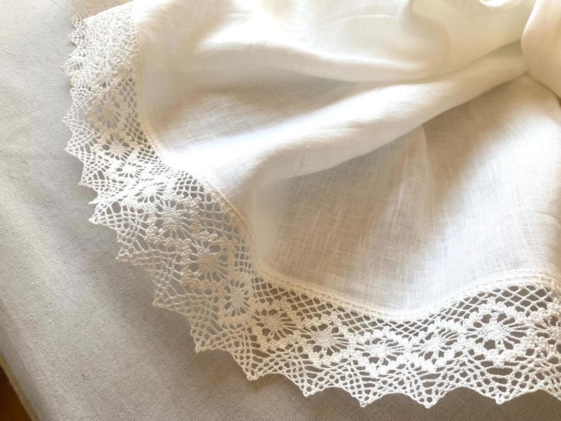 Linen Bridal Shawl: Ivory White Scarf with Crochet Lace, Large Wedding Wrap, Prayer Veil image 4