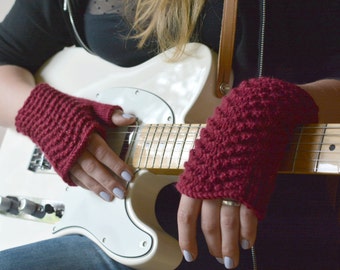 Wine red fingerless gloves, gift for musician, dark red wool knitted lace pulse warmers for women, all season accessory, birthday gift