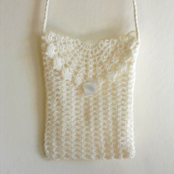 Crochet wedding purse, white lace clutch with long strap, ivory bridal shoulder bag