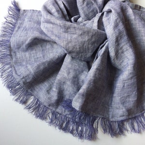 Violet linen scarf, pure flax washed frayed melange purple white mens shawl, casual unisex scarf, women's accessory