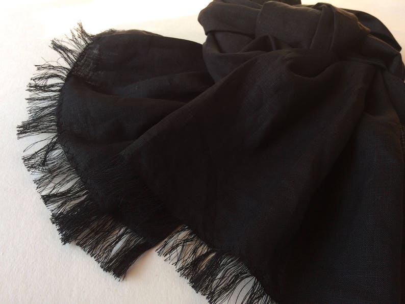 Black linen scarf, black solid pure flax unisex shawl, frayed skinny men's scarf in minimalist style, gift for him or her, casual outfit image 3