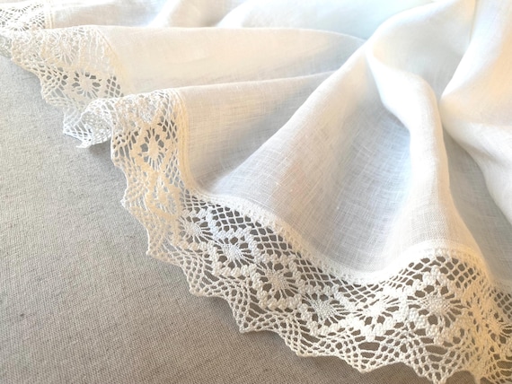 Linen Bridal Shawl: Ivory White Scarf with Crochet Lace, Large Wedding Wrap, Prayer Veil