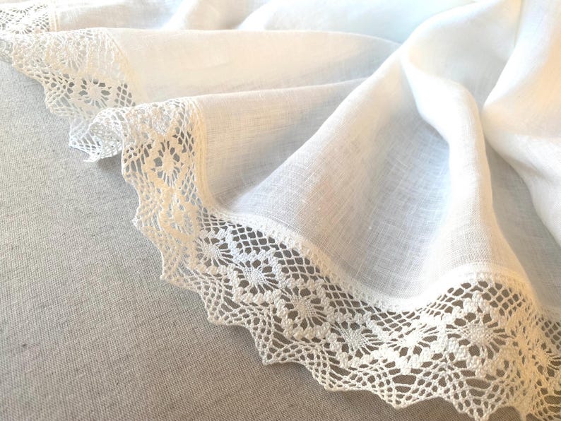 Ivory white pure linen scarf with crochet lace trim, large bridal wedding shawl, church prayer wrap.  Custom size available.