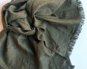 Khaki Green Linen Scarf: Military Style Frayed Olive Color Men's Shawl