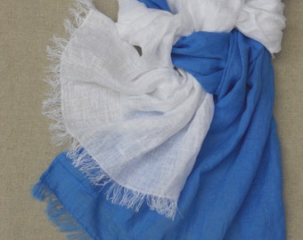 Beach wedding scarf, blue white linen unisex shawwl, long washed sky blue scarf, soft lightweight gauzy linen shawl in nautical colors