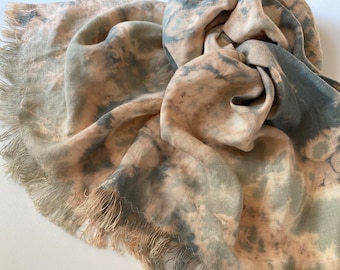 Sage green sand beige pure linen scarf, hand tie dye batik shawl for women for men, boho style gift for her or him, military earth colors