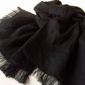 Black linen scarf, black solid pure flax unisex shawl, frayed skinny men's scarf in minimalist style, gift for him or her, casual outfit