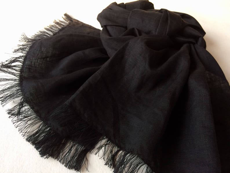 Black linen scarf, black solid pure flax unisex shawl, frayed skinny men's scarf in minimalist style, gift for him or her, casual outfit image 1