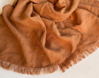 Large tawny brown linen scarf, pure linen wrap, solid orange brown casual men's scarf in minimalist style, long scarf, unisex gift