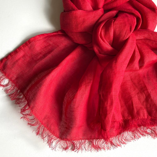 Red thin pure linen scarf, semi sheer flax gauze unisex shawl, bright red women's accessory, long frayed mens casual scarf, gift for wife