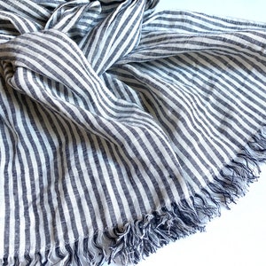 Long striped scarf, frayed black & white pure linen men's shawl, all season women's stole, unisex gift, white gray stripes