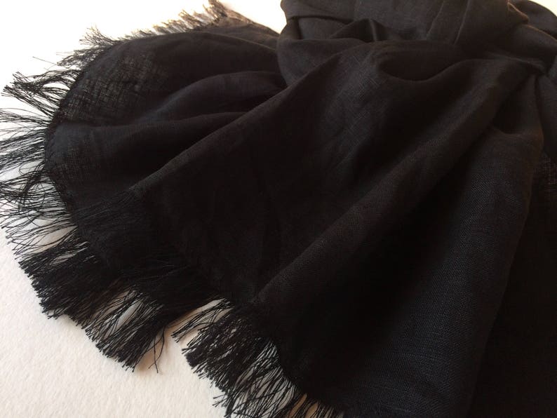Black linen scarf, black solid pure flax unisex shawl, frayed skinny men's scarf in minimalist style, gift for him or her, casual outfit image 2