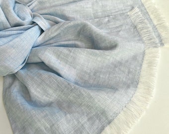 Light blue linen scarf, soft pure linen aqua blue scarf, long frayed men's shawl, women's accessory for all seasons, gender neutral gift