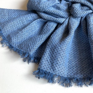 Blue men's scarf, frayed double sided pure linen unisex shawl with polka dots