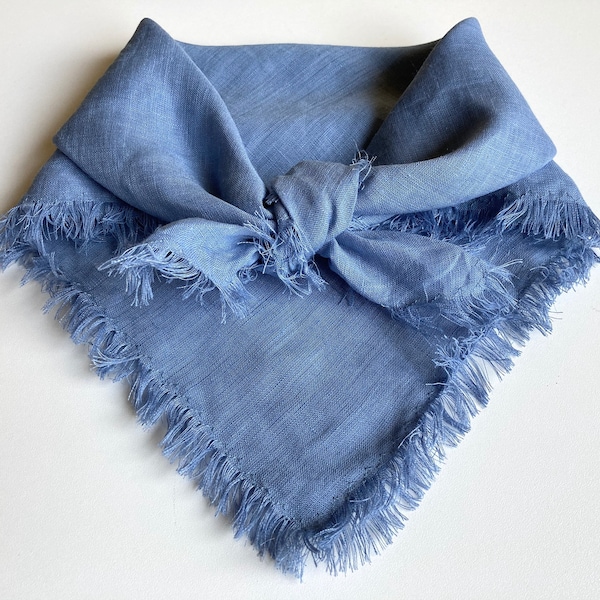 Frayed linen bandana, solid denim blue pure flax neck warmer, gift for dad, womens head kerchief, head wrap, face dust protect, dog bandanna