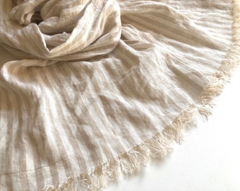 Long Striped Pure Linen Men's Scarf: Frayed Ivory Beige Flax Women's Shawl