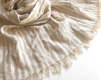 Long striped linen scarf, frayed ivory beige pure linen shawl, beach wedding accessory, men's women's casual outfit, Mother's day gift