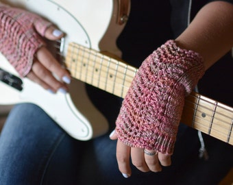 Pink fingerless gloves, music festival gloves, knitted lace wrist warmers, women's pulse warmers, summer gift for girl