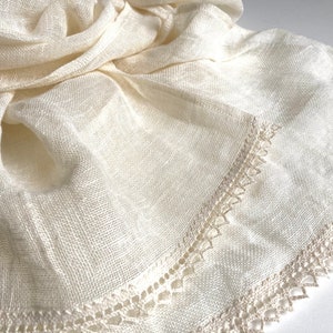 Thin linen gauze scarf with small lace, extra long unisex shawl, sheer cream ivory rustic pure flax scarf in shabby chic style