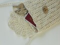 Ivory linen phone purse, crochet lace rustic wedding bag, natural flax wallet, small lined travel pouch, Christmas gift for her product logo