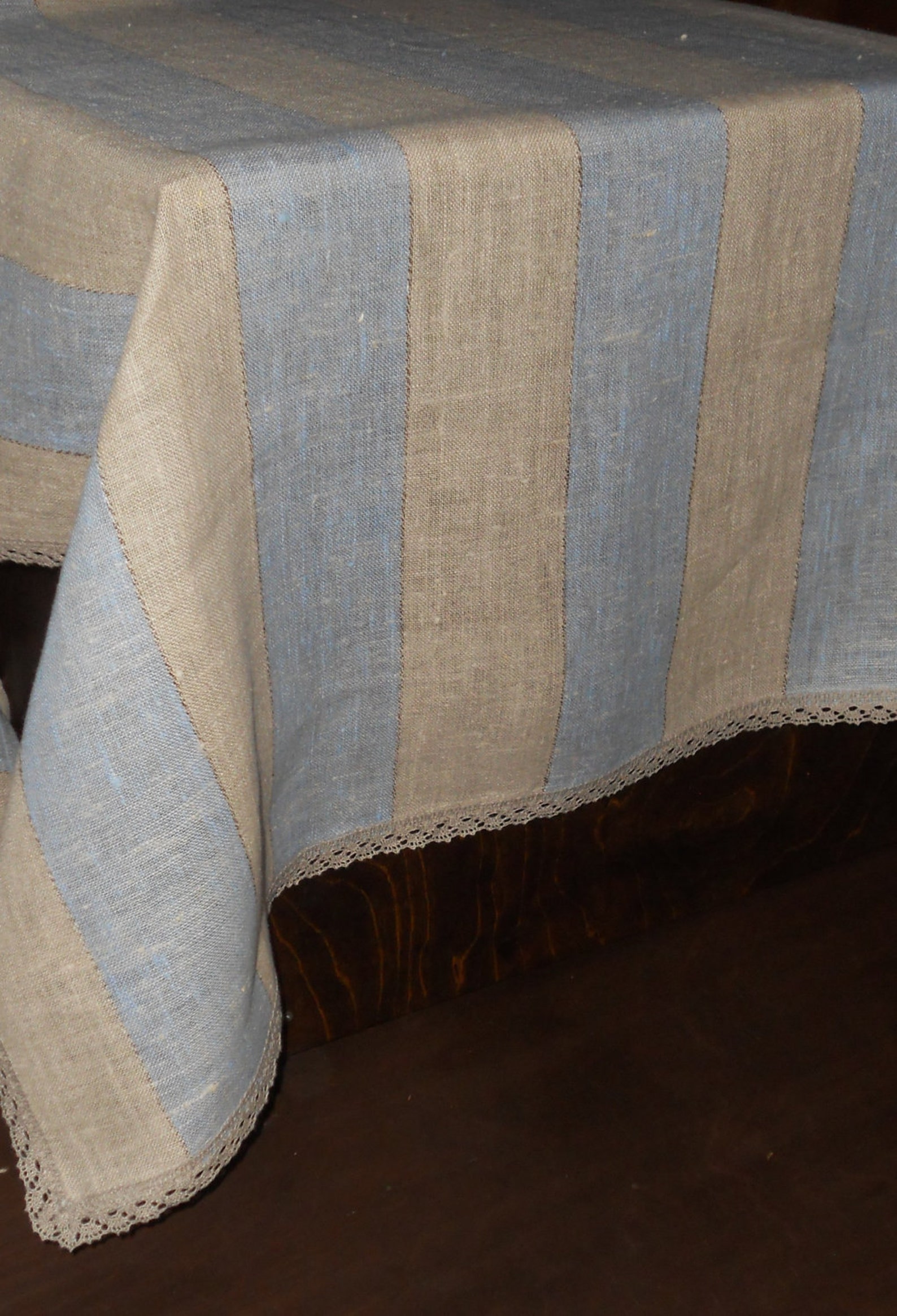 Linen tablecloth blue and grey striped with lace Etsy