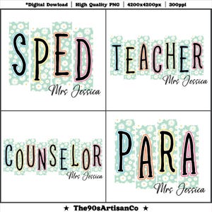 School Occupation PNG Bundle, Preppy First Day of School Daisy Floral Girly Png, Back to School Teacher Sped Para Counselor, Drawn