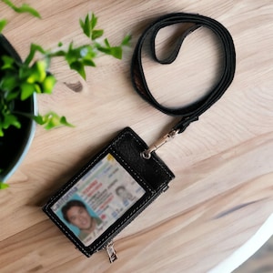 Porta-crachá de identificação com/sem cordão – Carteira de couro com zíper – Ótimo presente para professores ou enfermeiros – Organizador de trabalho e viagens
