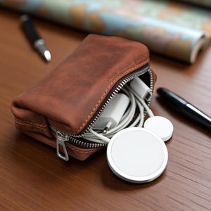 Op de afbeelding: Een bruine leren etui met een zilveren ritssluiting, gedeeltelijk open om witte oplaadkabels en een witte draadloze oplader te onthullen. De etui ligt op een houten oppervlak.