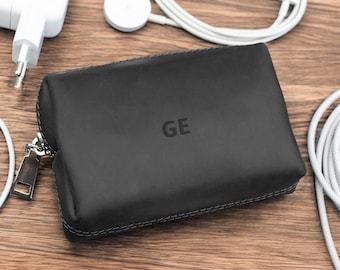 Travel Cable Organizer Case – Leather Charger Pouch for Men & Women, Tech Storage Bag for Cords, Adapters and Apple Accessories