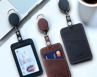 Leather ID Badge Holder with Retractable Reel – Custom Card Holder for Work, Office, or School – Gift for Dad, Teacher, or Coworker