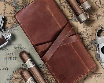 Personalized Leather Cigar Case – Travel Cigar Holder with Cutter Pocket – Gift for Cigar Lover, Birthday, Anniversary, Dad