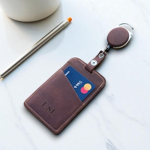 Personalized ID Holder with Retractable Reel, Leather Badge Wallet, Card Case – Gift for Him, Husband or Coworker for Birthday