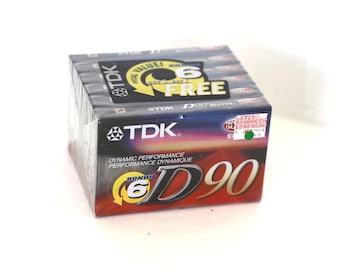 vintage 1980s set of BLANK CASSETTE mix tape ready blank 90 minute tapes -- 6 cassette tapes sealed never used -- TDK brand six pack