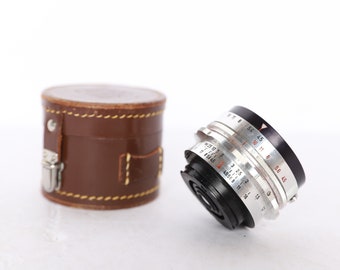 vintage MID-century GERMAN Enna Werk LITHAGON 35 mm f4.5 prime lens with vintage leather case -- great condition