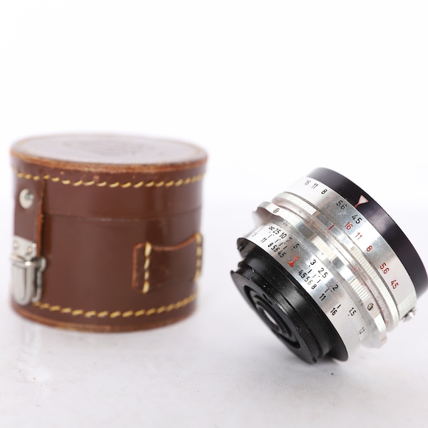 vintage MID-century GERMAN Enna Werk LITHAGON 35 mm f4.5 prime lens with vintage leather case -- great condition