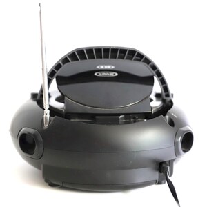 May include: Black portable CD player with a silver antenna and a handle. The CD player has a round shape with two speaker holes on the sides. The CD player is on a white background.
