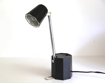 vintage BLACK & silver 1950s mid-century modern small bedside lamp extending arm desktop MCM lamp -- FREE shipping U.S.A