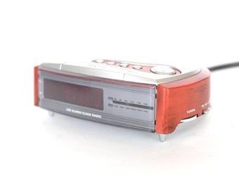 vintage 1990s y2k ORANGE & silver color block alarm clock am/fm RADIO bedside long vintage CLOCK -- tested and working!
