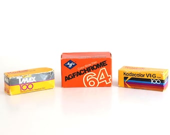 vintage set of three expired CAMERA FILM -- 120 film and 35 mm color slide film (to print, or cross process) Kodak AGFA film - free shipping