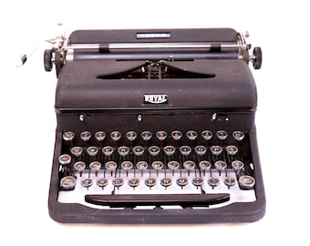 Typewriter antique portable ROYAL brand BLACK & Silver two tone manual typewriter -- works great -- with case -- FREE shipping U.S.A