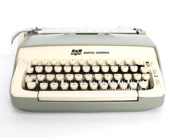 vintage 1950s SMITH-CORONA vintage mint sage green TYPEWRITER with case, working ribbon -- Free Shipping U.S.A