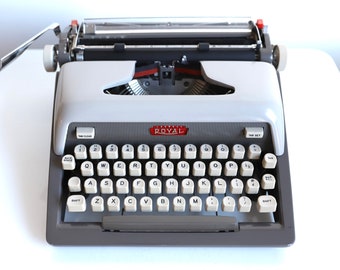 Typewriter antique portable ROYAL Futura 800 brand GREY & red two tone manual typewriter -- works great -- with case