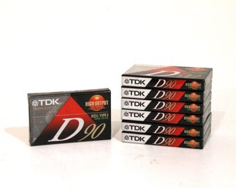 vintage 1990s set of 7 TDK brand BLANK Cassette TAPES -- 90 minute blank tapes -- deadstock vintage cassettes, still in plastic shrink wrap