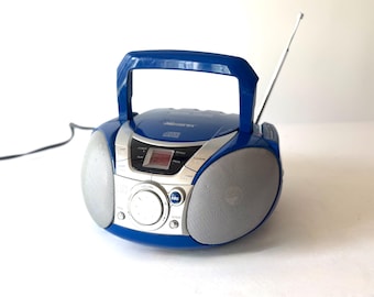 vintage 1990s BOOMBOX blue & silver Memorex sony style cd player am/fm radio - tested and working - free shipping U.S.A.