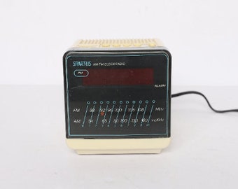 vintage 1980s COLOR BLOCK cream & black alarm clock SPARTUS brand sony style bedside small alarm clock -- very unique!