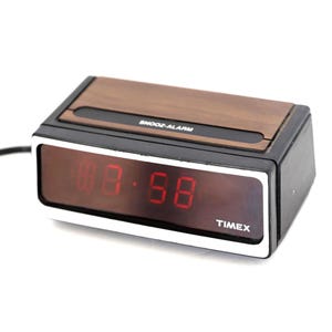 vintage 1970s 80s faux wood COLOR Block alarm clock sony style TIMEX dream machine bedside small alarm clock -- very unique!